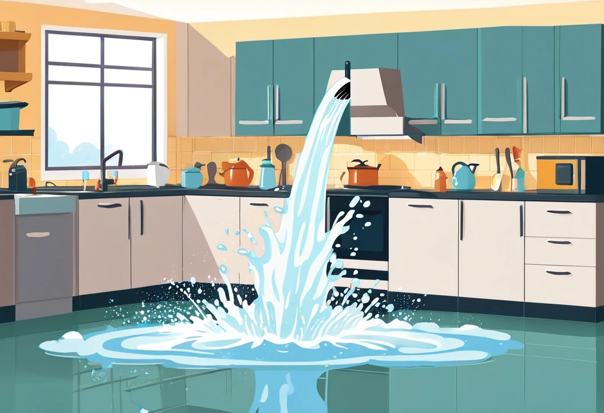 Severe plumbing emergency showing water leaking in a kitchen
