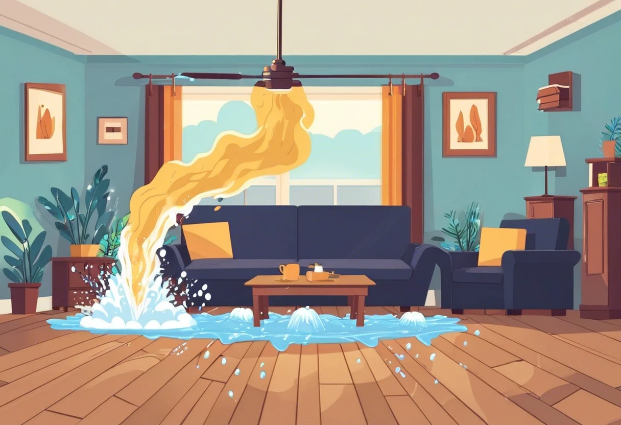 Living room with a water leak from the ceiling, illustrating a plumbing emergency situation.