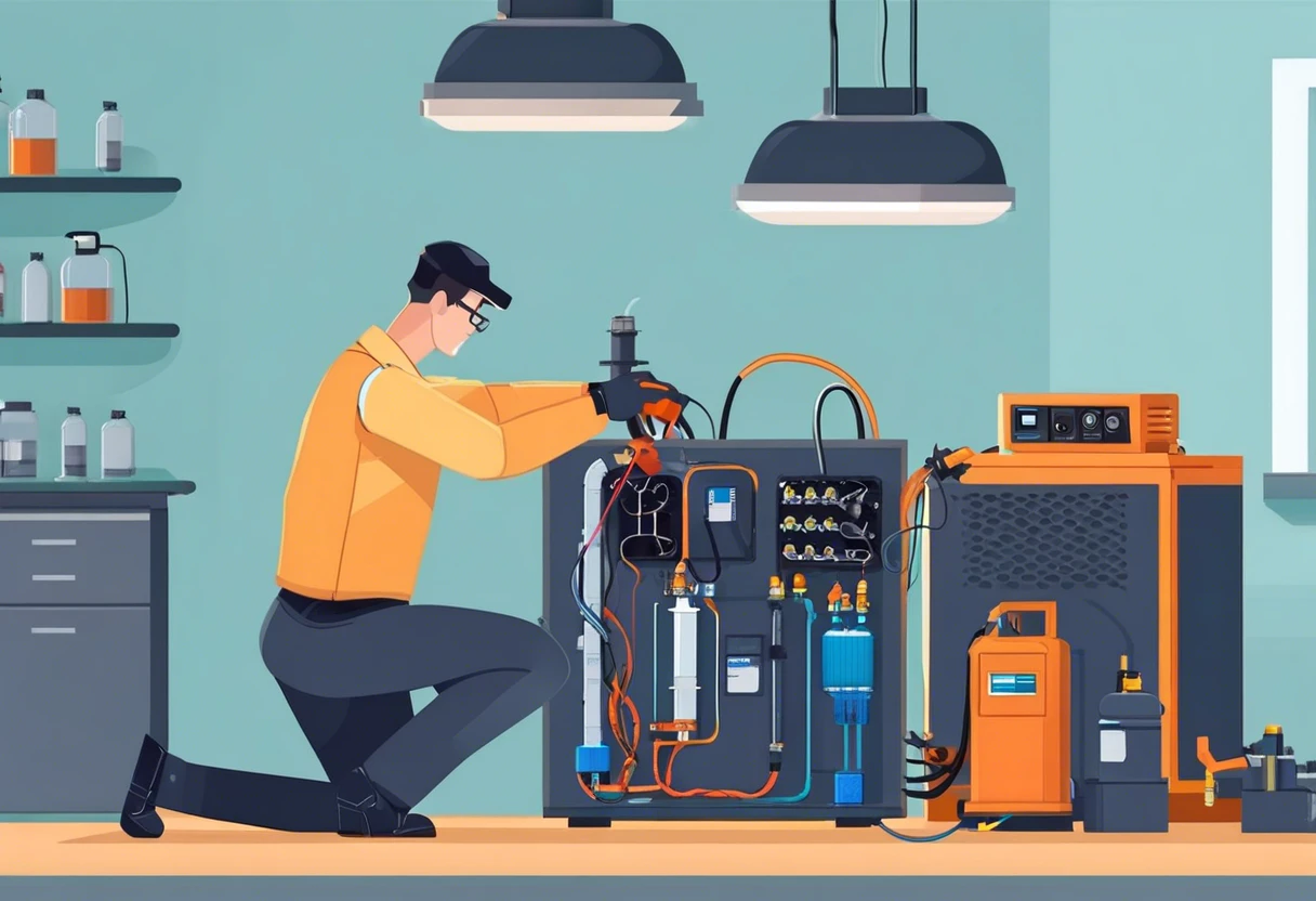 Person plumbing a fuel cell with highlighted components and connections for fuel management.
