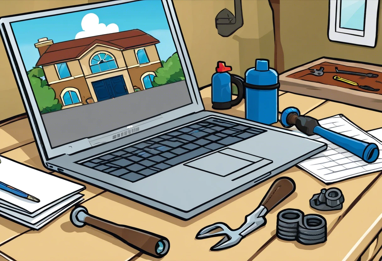 Laptop displaying a house and plumbing tools for bidding a plumbing job in Irvine