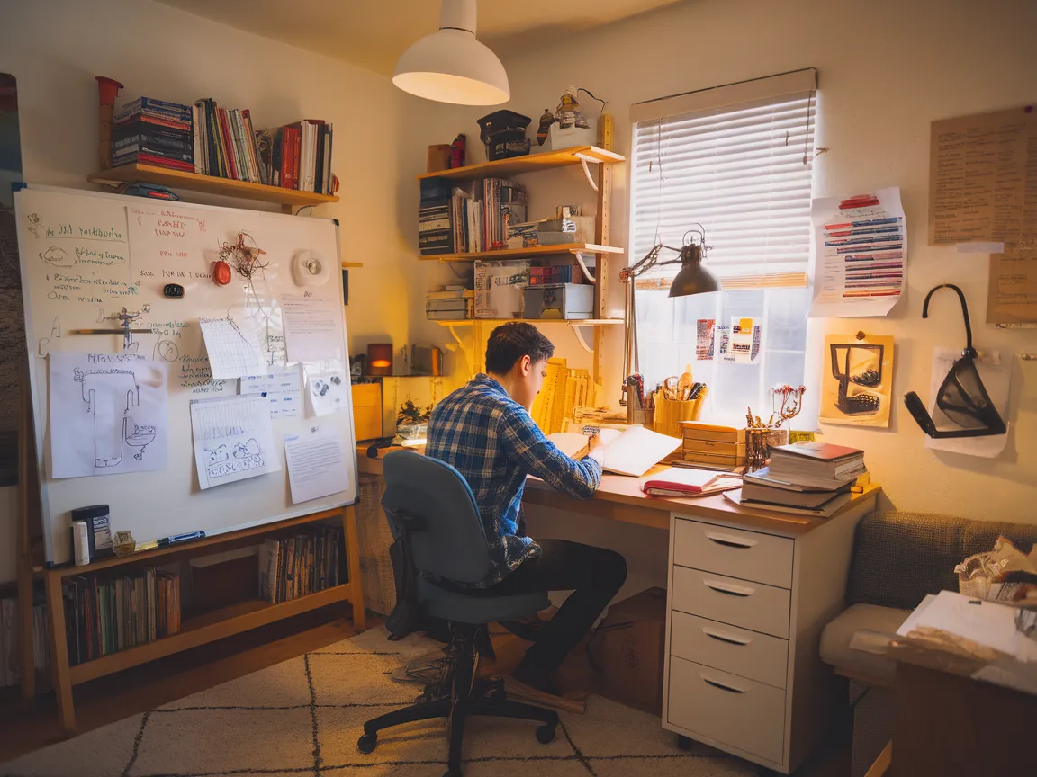 A person studying at a desk, preparing for their plumbing license exam in Irvine.