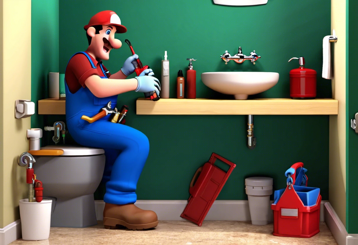 Cartoon plumber working on a sink installation, relevant to plumbing license requirements.