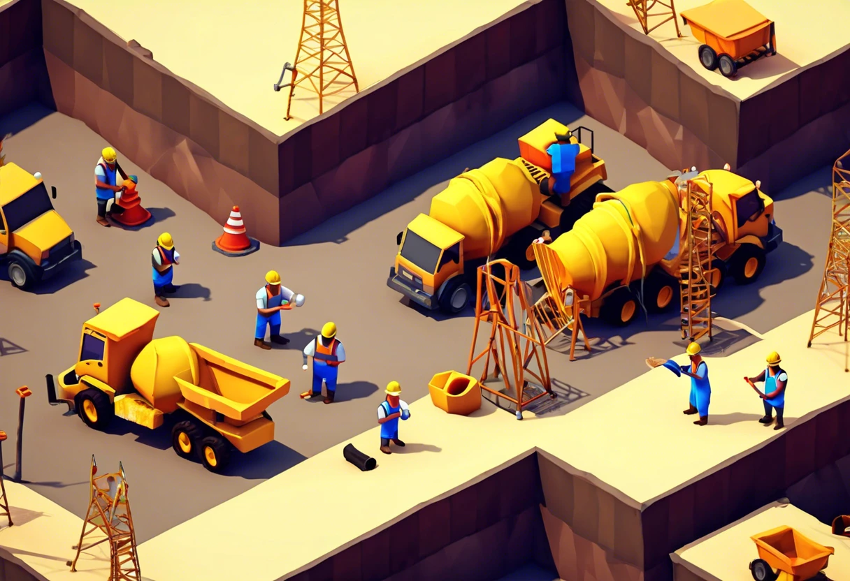 An illustrated construction site with workers, vehicles, and equipment representing plumbing work and licensing issues.