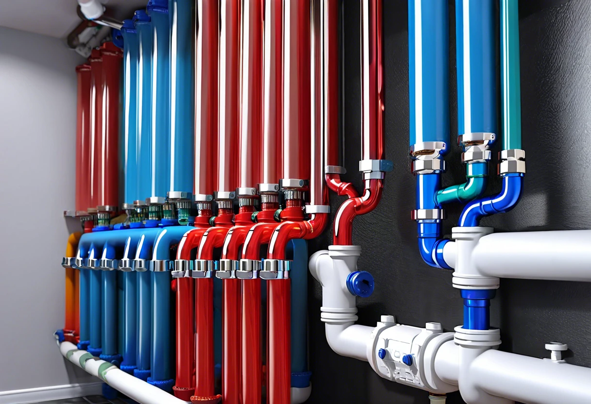 Colorful plumbing manifold system showing various pipes and connections used in plumbing.