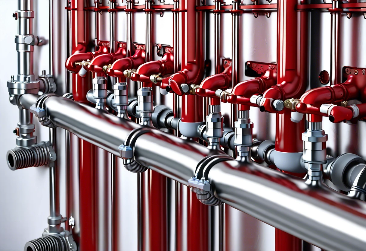 Detailed view of a plumbing manifold showing various valves and pipes for efficient water distribution.