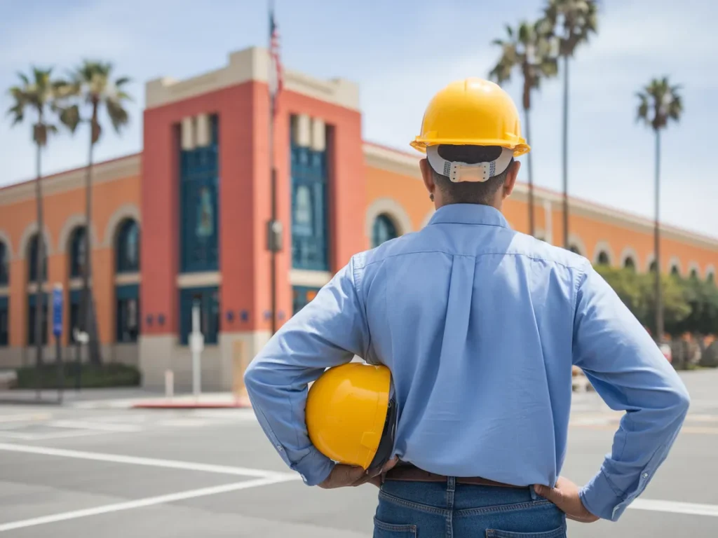 Construction worker looking at city hall where plumbing permits are obtained