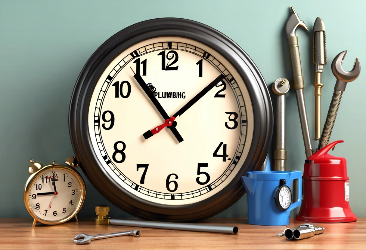 Clock showing time with plumbing tools, illustrating how long it takes to get a plumbing permit.
