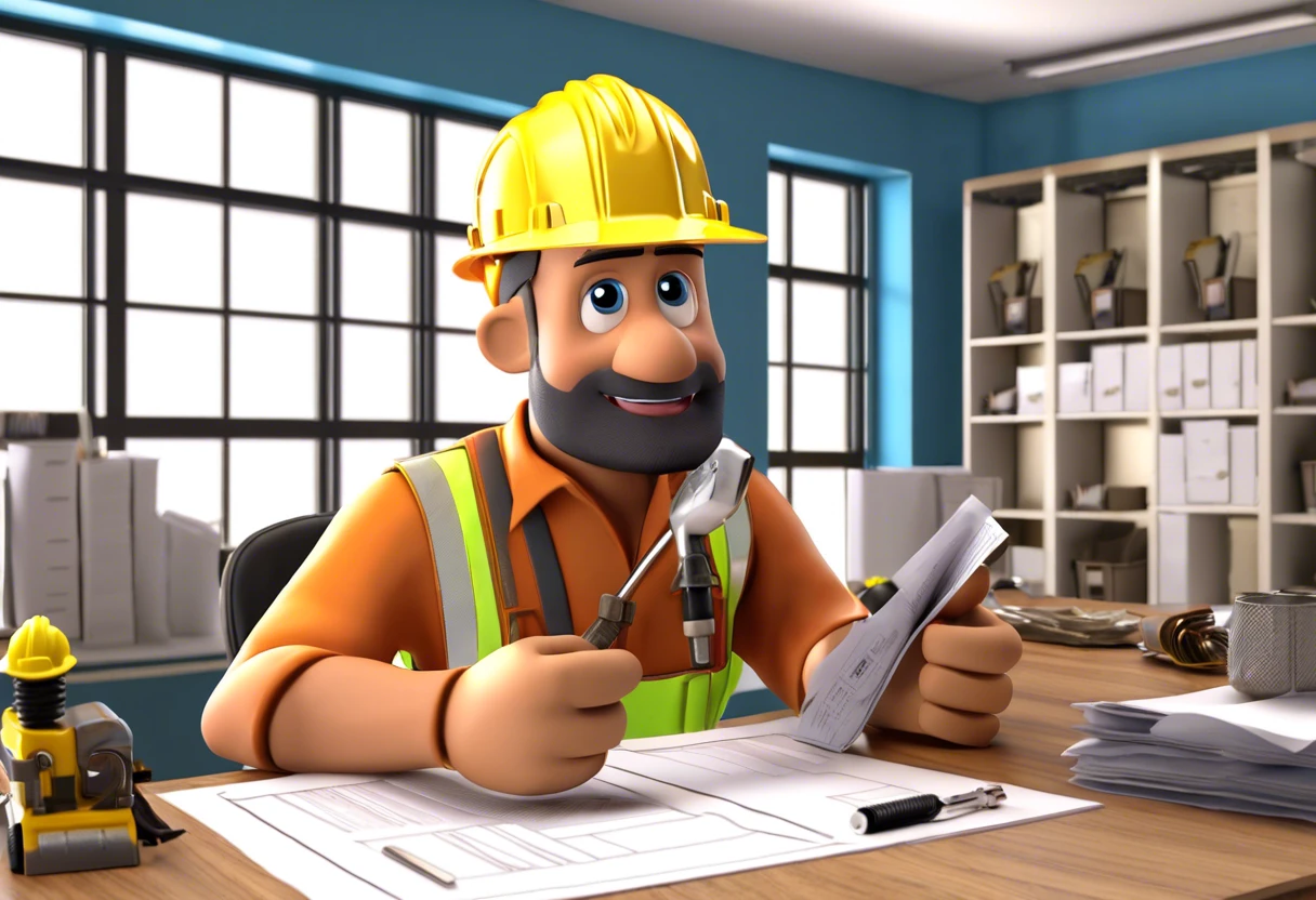 Illustration of a plumber reviewing documents for a plumbing permit