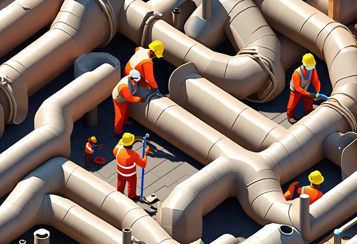 Workers repairing polybutylene plumbing pipes in a residential setting.