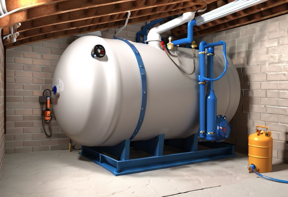 A pressure tank installed in a basement, demonstrating plumbing setup for water systems.