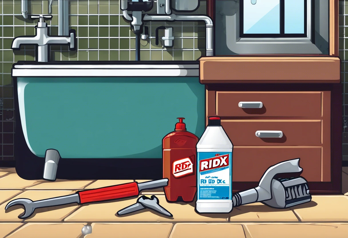 Bottles of Rid X and plumbing tools on a bathroom floor, related to using Rid X in city plumbing.