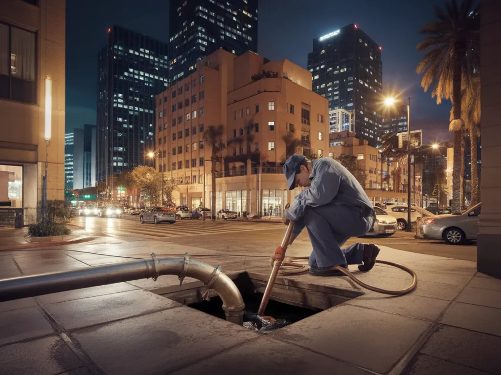 Plumber using Rid-X for city plumbing maintenance at night