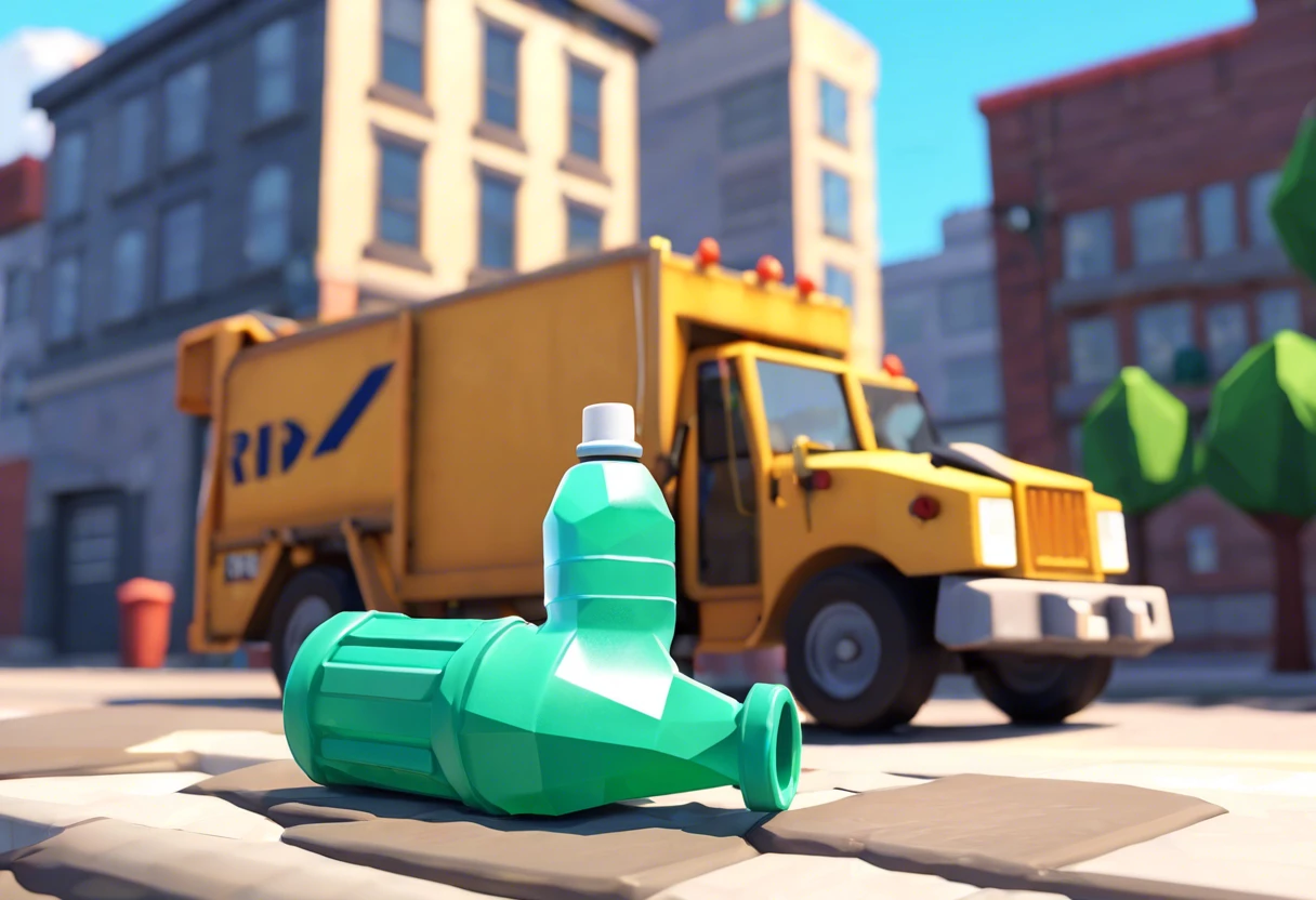 A bottle of Rid-X placed on a city street with a plumbing truck in the background.