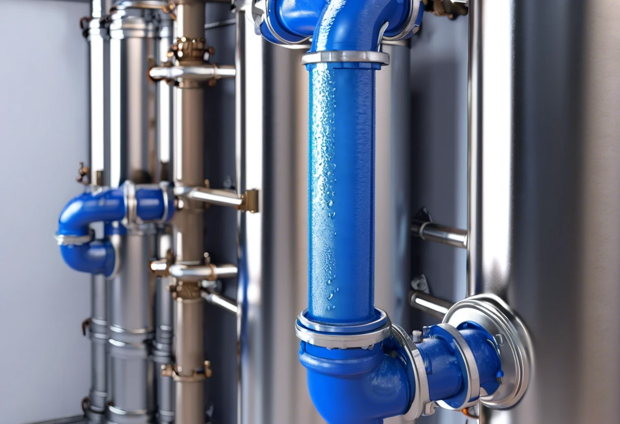 A blue riser pipe in a plumbing system showing water flow, essential for understanding risers in plumbing.