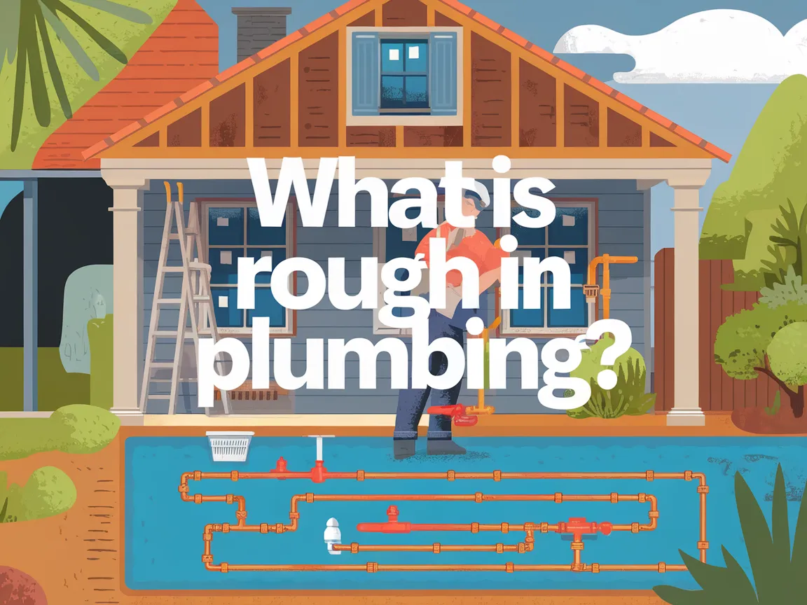 Illustration of plumbing rough-in stage showcasing pipes and fixtures for a home construction