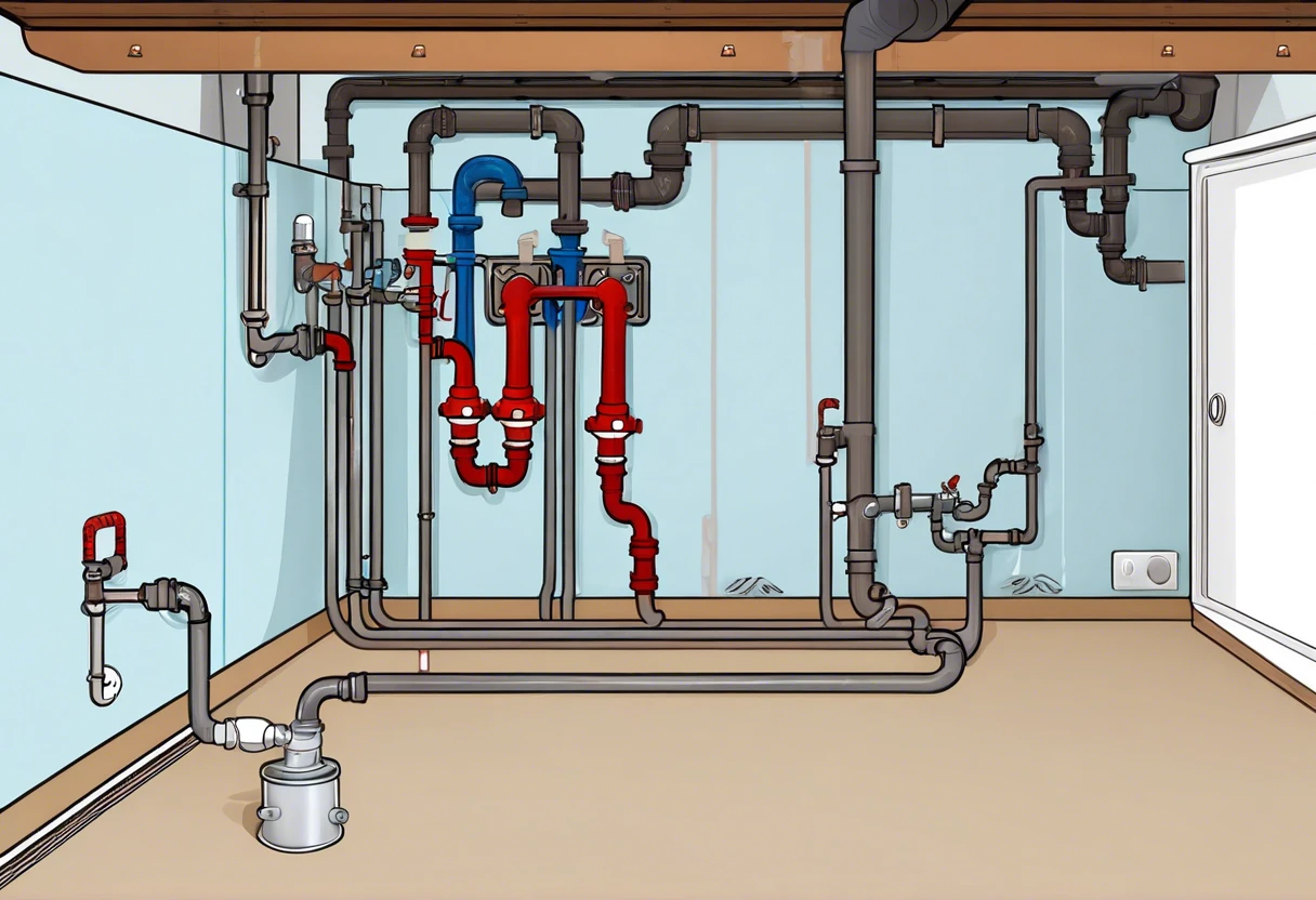 Illustration of rough plumbing installation showing various pipes and fixtures.