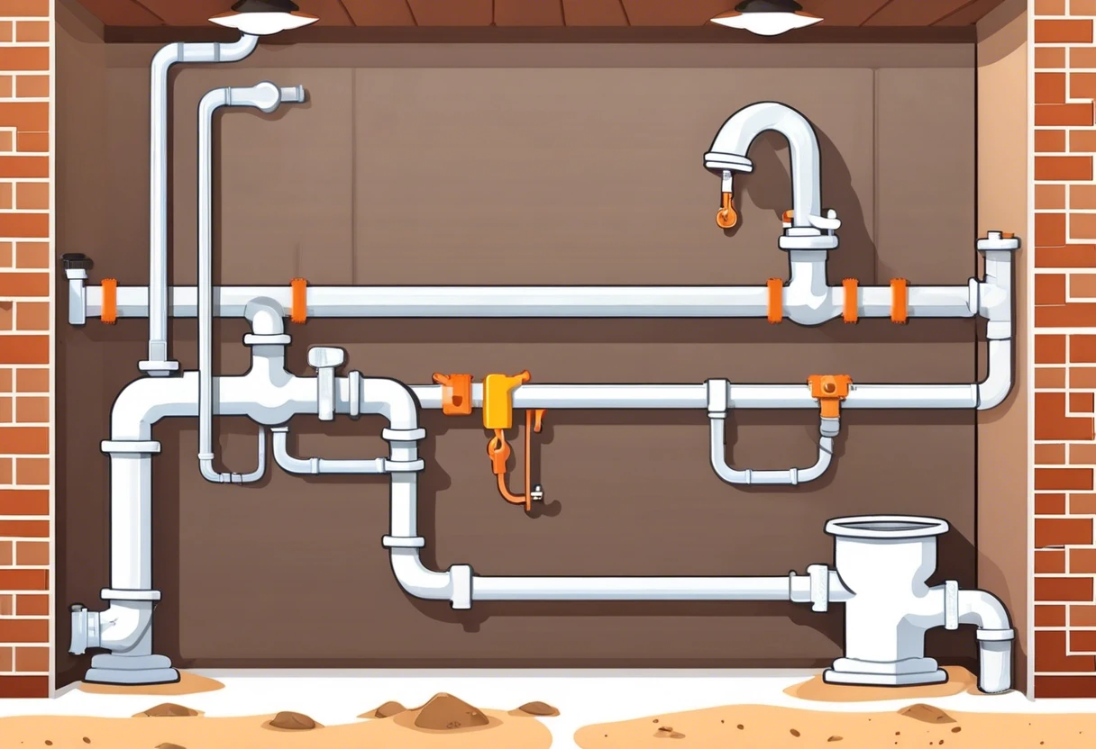 Illustration of a rough plumbing system showing pipes and fittings