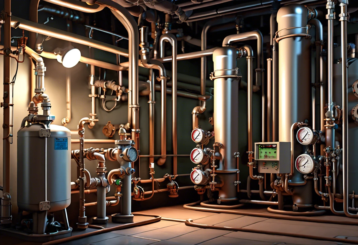 An image depicting a typical RPZ valve system in plumbing, showcasing pipes and gauges.