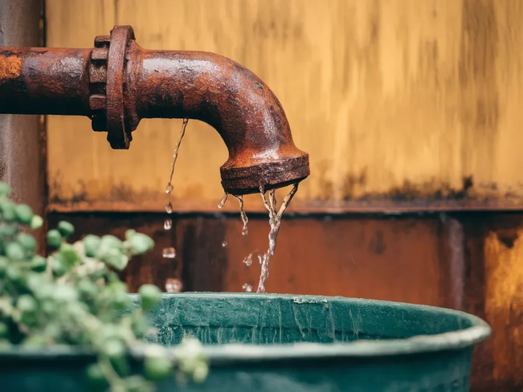 A rusty cast iron plumbing pipe leaking water, illustrating potential issues with cast iron plumbing.