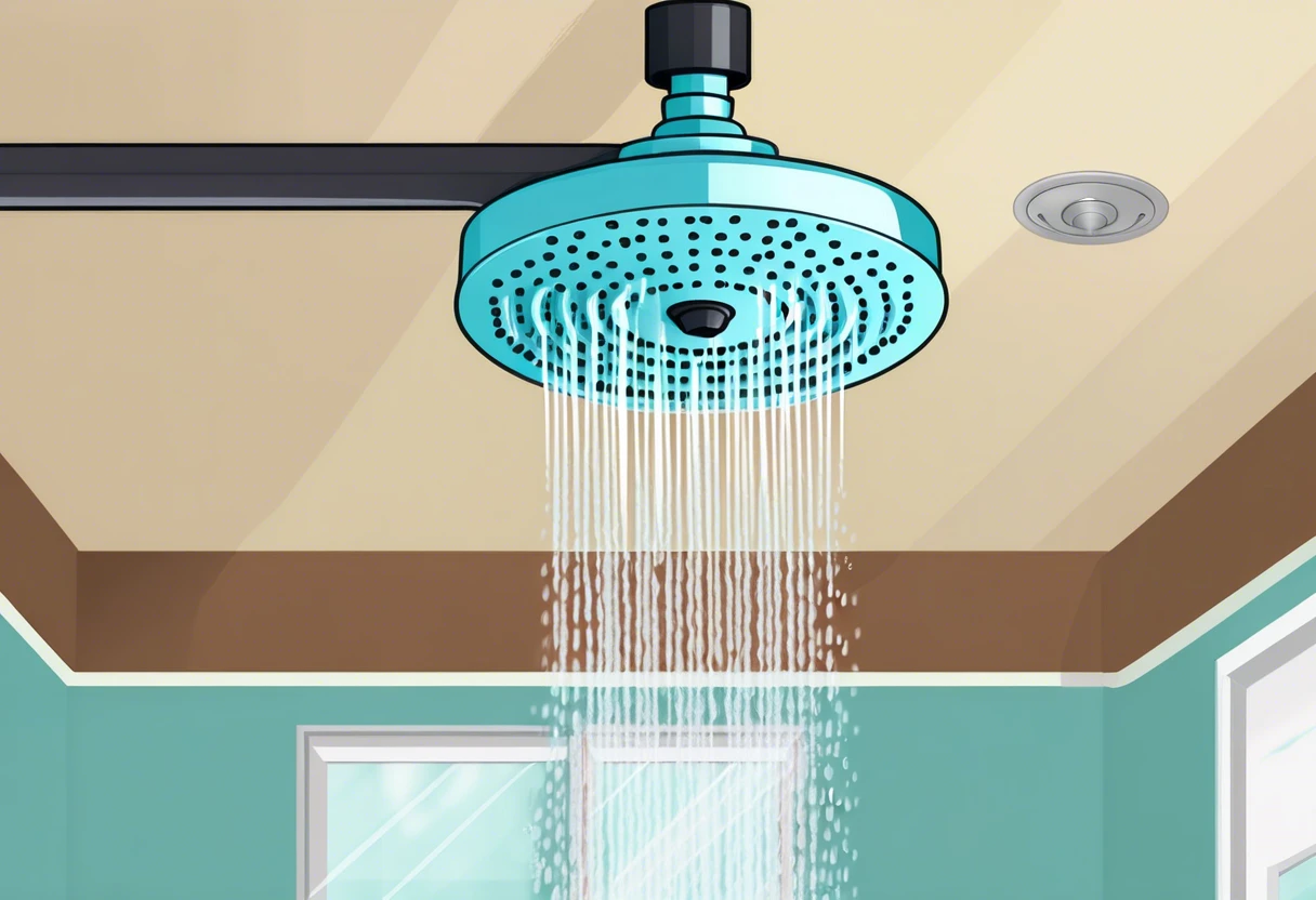 Ceiling-mounted showerhead demonstrating water flow related to plumbing.