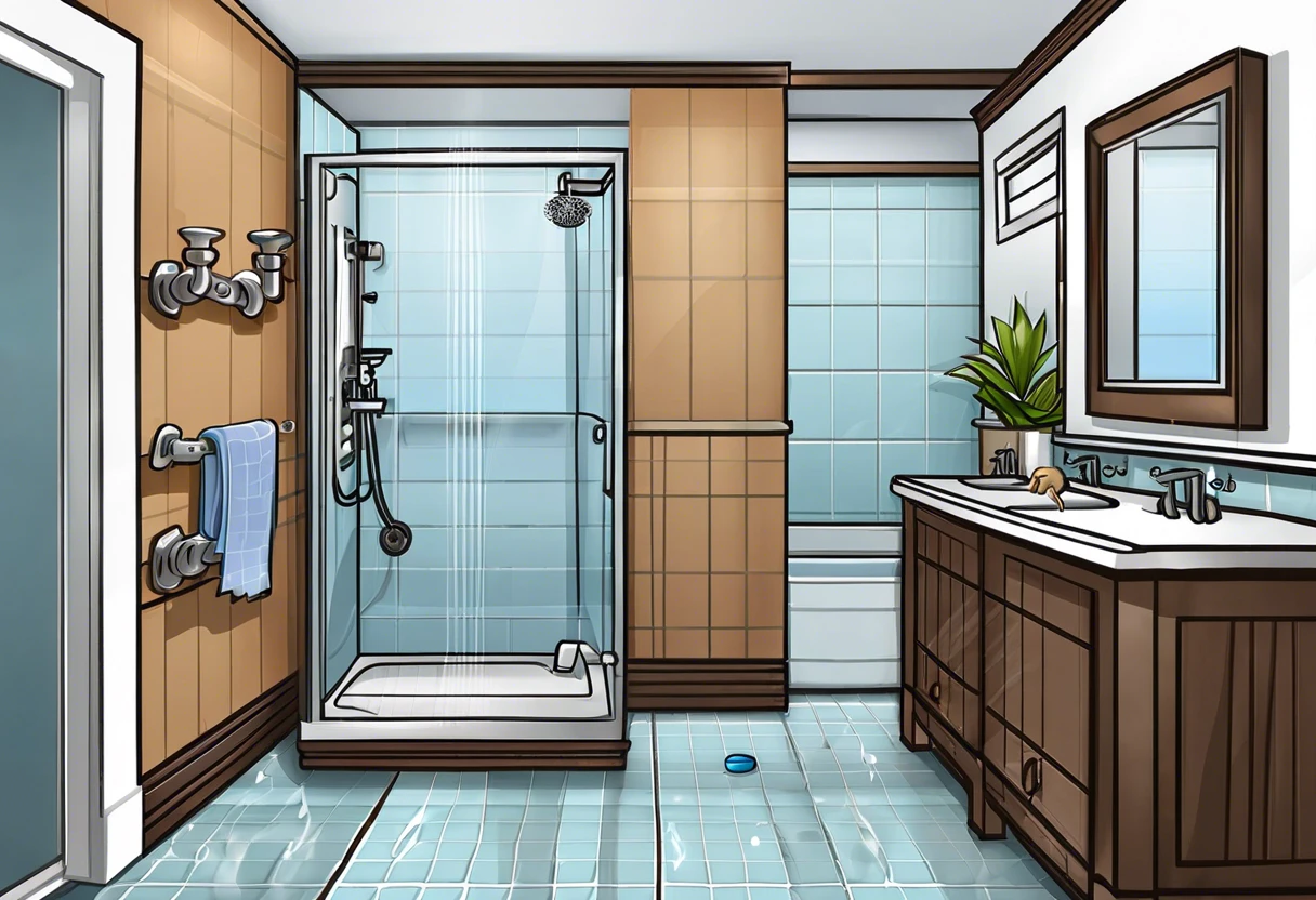 Illustration of a bathroom showing wet vent plumbing system with shower and sink installations.