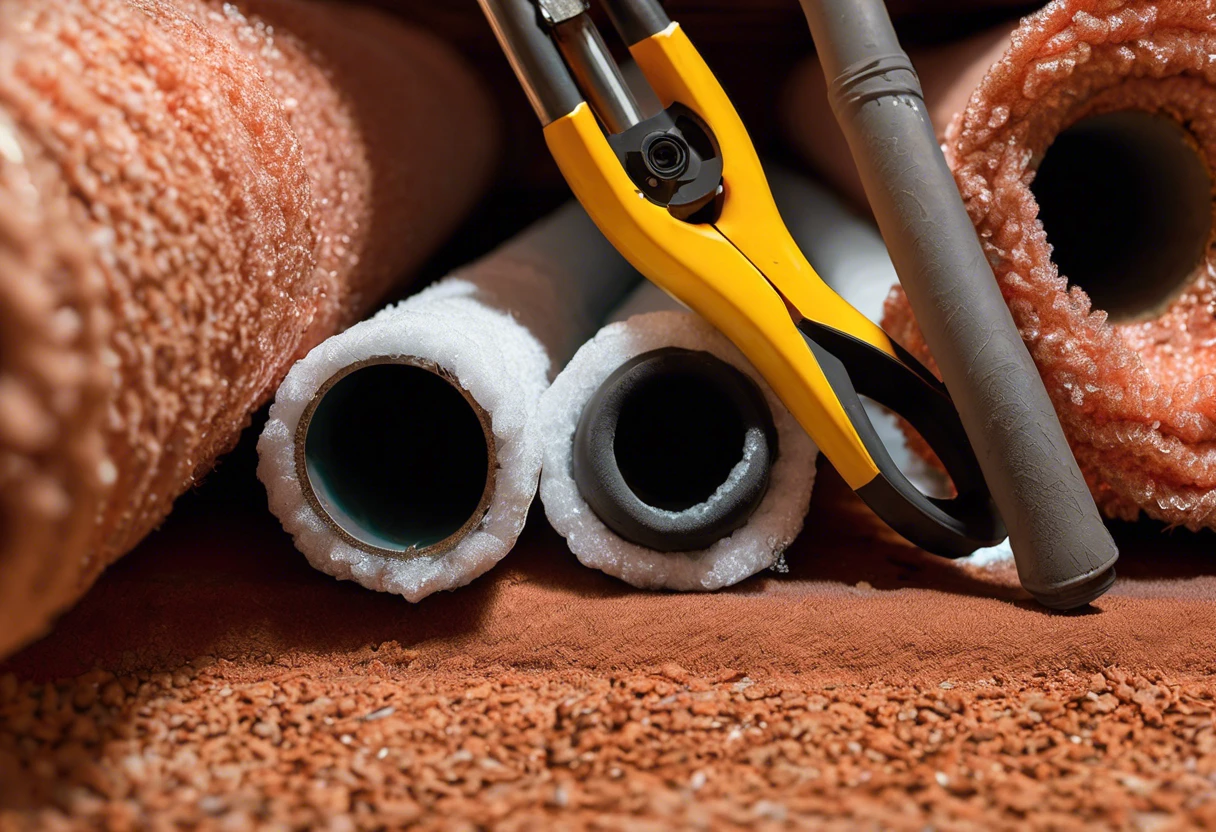 Insulation materials and tools for winterizing plumbing in a house in Irvine, ensuring pipes are protected from freezing.